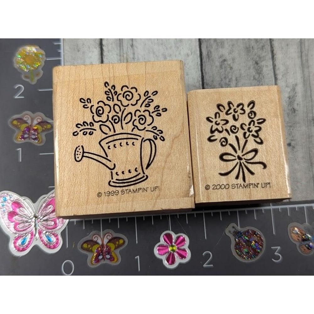 Stampin' Up! Flowers Lot of 2 Bouquet Watering Can Rubber Stamp Wood #M58